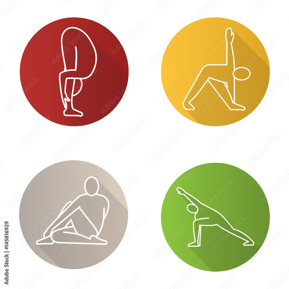 Yoga poses flat linear long shadow icons set