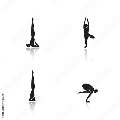 Yoga poses drop shadow black icons set