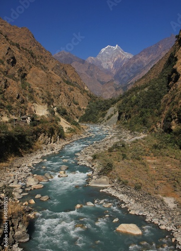 Turquoise Kali Gandaki river. Annapurna Conservation Area, Nepal.