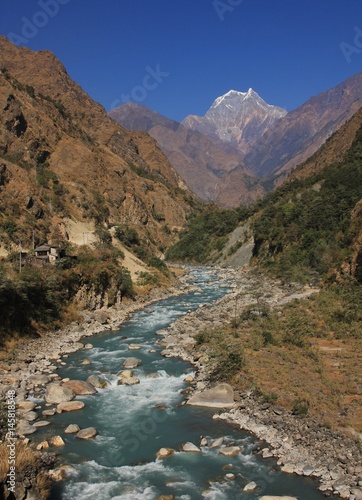 Kali Gandaki river and mount Nilgiri. Landscape in the Annapurna Conservation Area, Nepal.