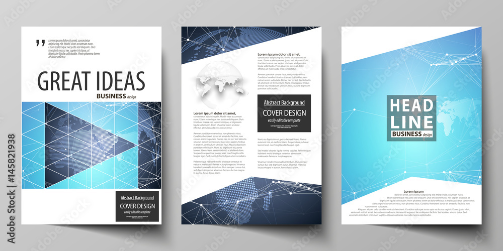The vector illustration of the editable layout of three A4 format modern covers design templates for brochure, magazine, flyer, booklet. Abstract global design. Chemistry pattern, molecule structure.