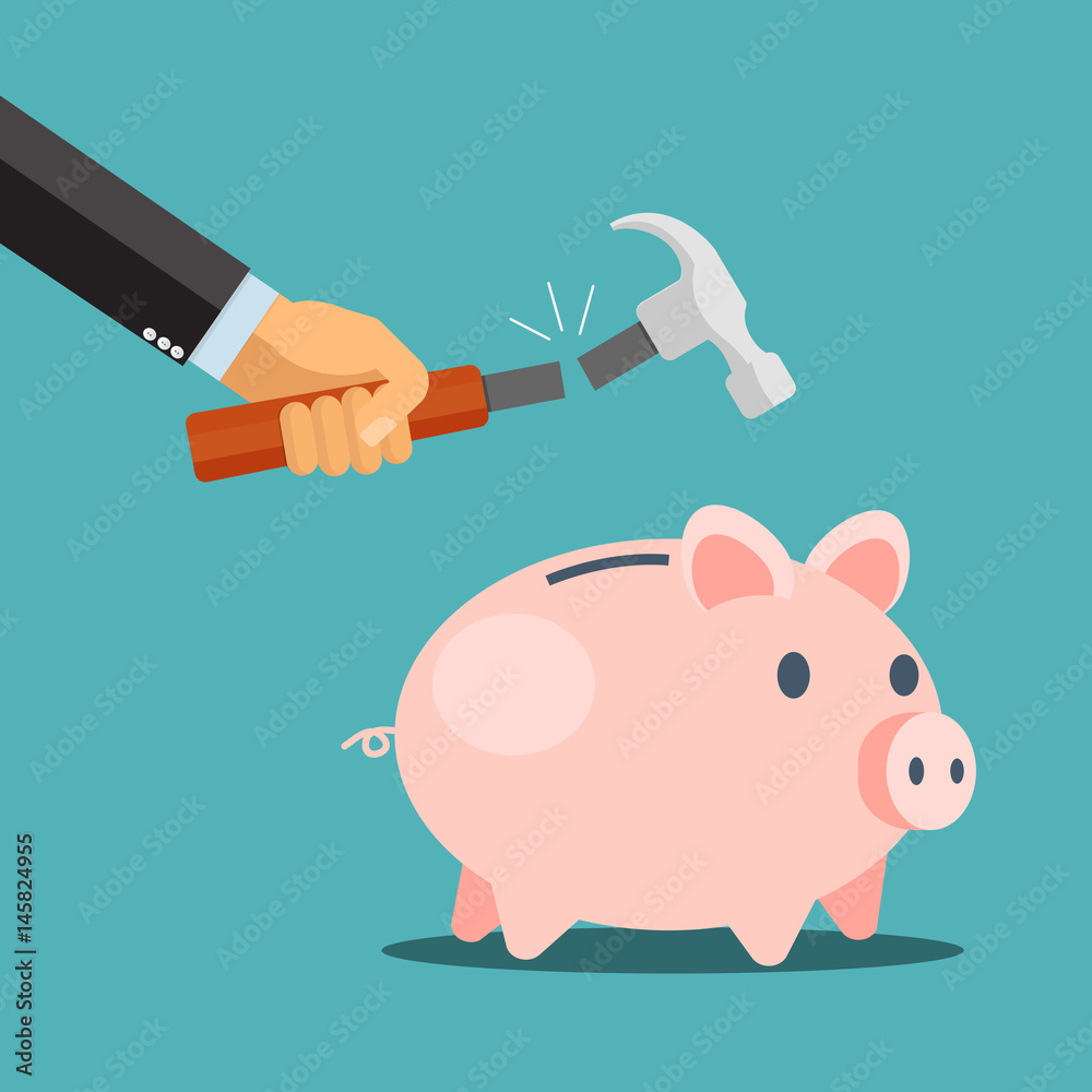 Business man hand breaking piggy bank , Hammer broken - vector illustration  Stock Vector | Adobe Stock