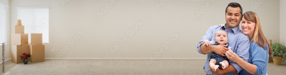Young Mixed Race Family Inside Room with Boxes Banner. Young Mixed Race Family Inside Room with Boxes Banner.