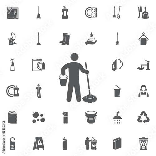 isolated cleaner man silhouette cleaning company symbol.