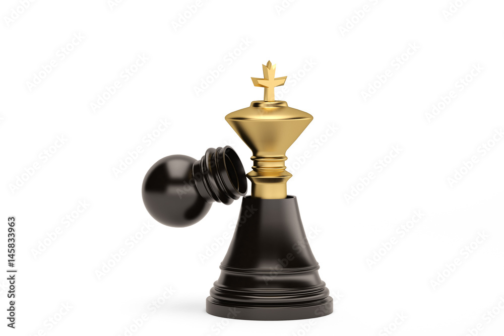 Chess black pawn become gold king.3D illustration.