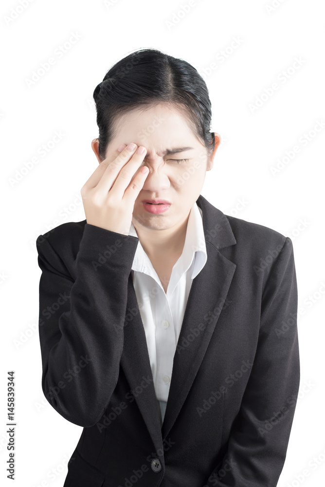 Eyes pain and eyes strain in a woman isolated on white background. Clipping path on white background. Eyes pain and eyes strain in a woman isolated on white background. Clipping path on white background.