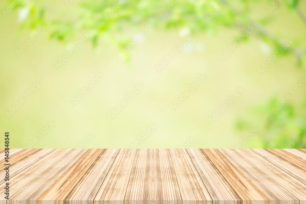 wood table top on nature background,Space available for the product