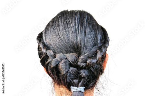 Women braid on a white background.Back of women pigtail isolated