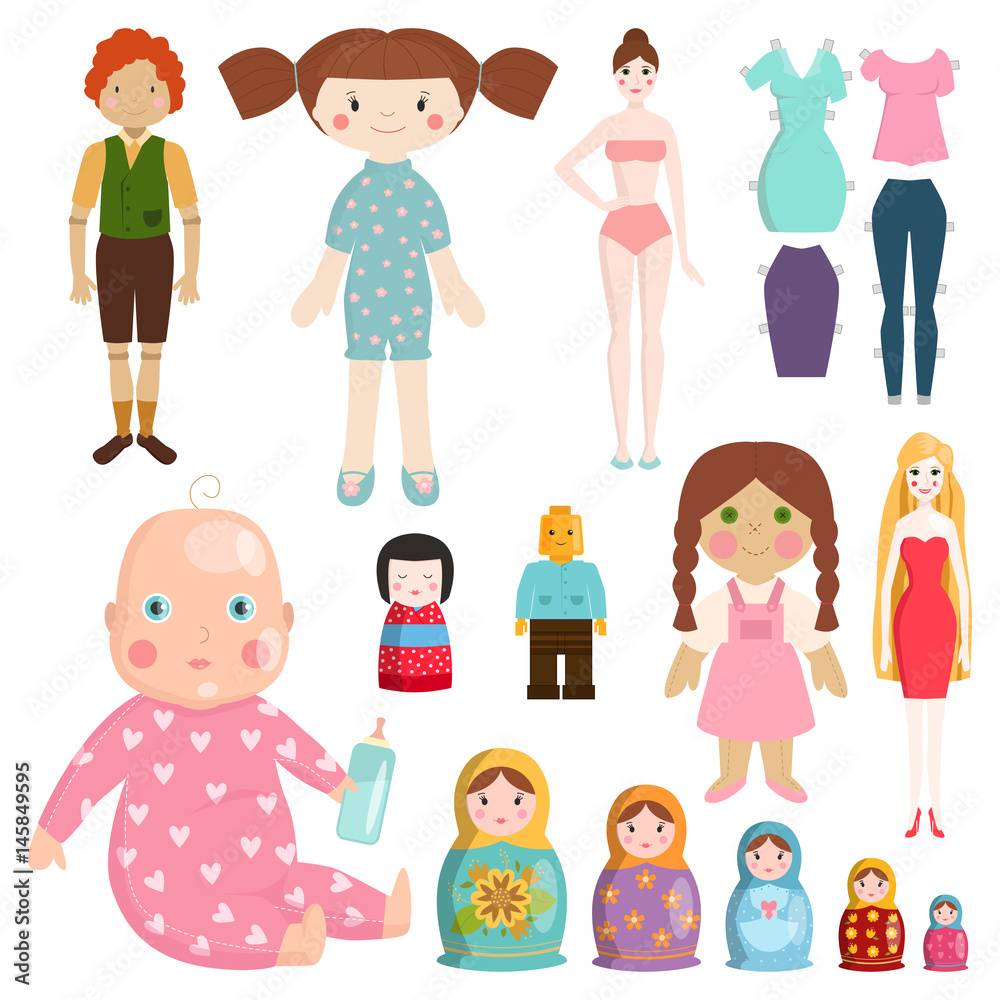 Set icons small girls dolls playing with toys character vector illustration. Set icons small girls dolls playing with toys character vector illustration.