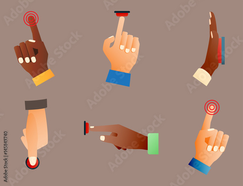 Hand press red button finger press control push pointer gesture human body pa...