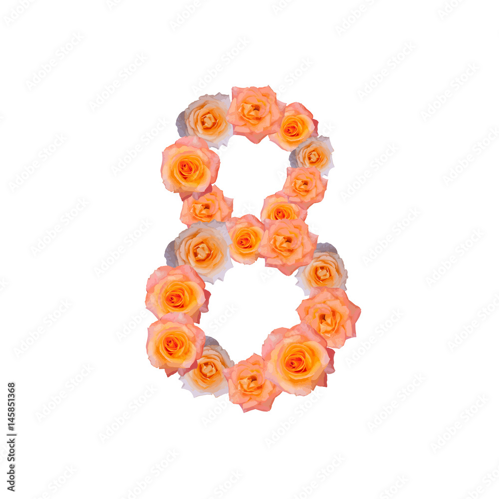The letter number eight or 8, in the Alphabet bloom red roses illustration set old rose pink color isolated on white background, vector eps10 The letter number eight or 8, in the Alphabet bloom red roses illustration set old rose pink color isolated on white background, vector eps10