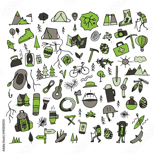 Mountain tourism set, sketch for your design