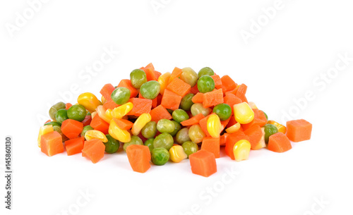 Mix of vegetable containing carrots, peas, and corn on white background