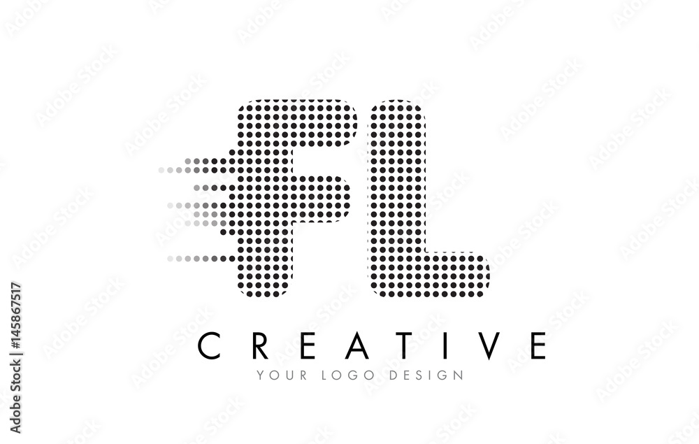 FL F L Letter Logo with Black Dots and Trails.