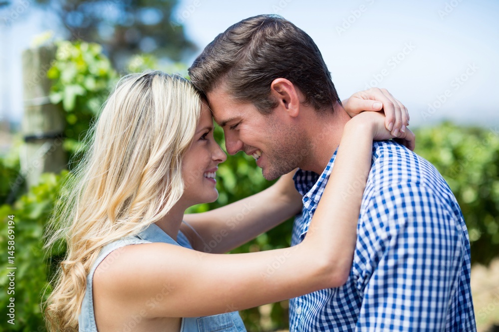 Side view of smiling young couple embracing at vineyard Side view of smiling young couple embracing at vineyard