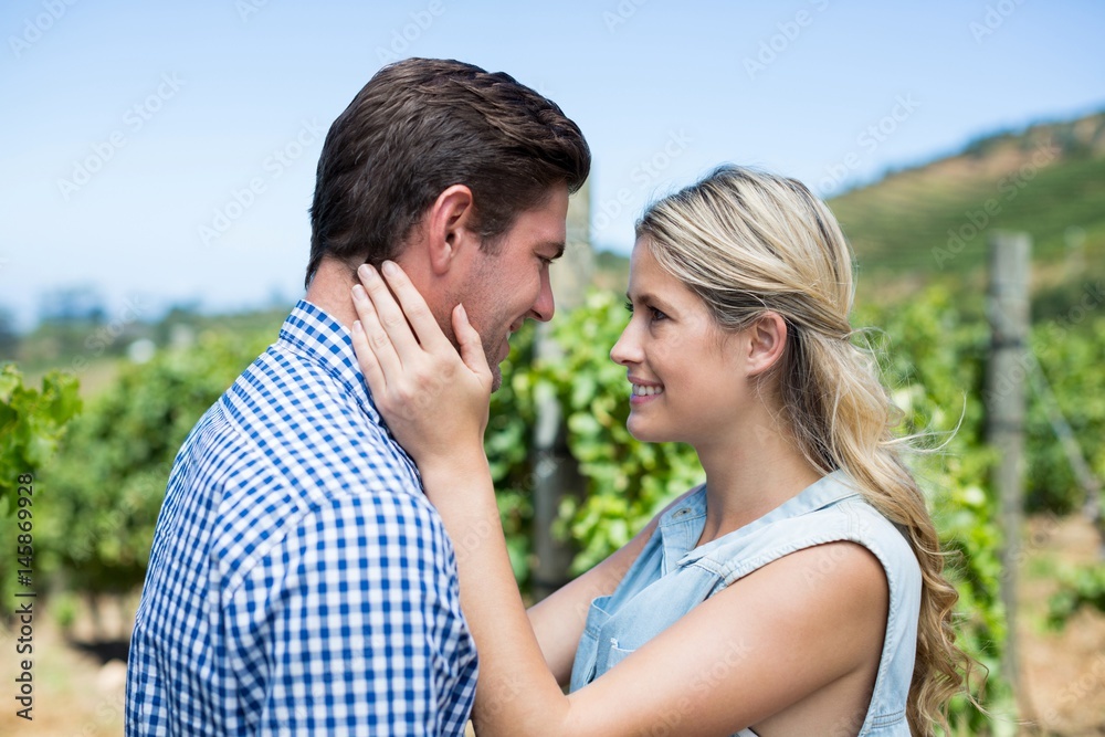 Young couple looking at each other in vineyard Young couple looking at each other in vineyard