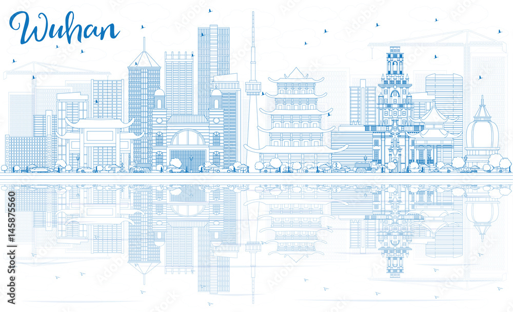 Outline Wuhan Skyline with Blue Buildings and Reflections.