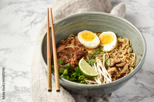 Wallpaper Mural bowl of chicken ramen with chopsticks scallions lime and egg Torontodigital.ca
