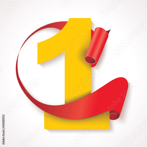 Number one, yellow numeric with red rolled ribbon.