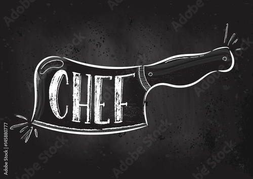 Vector hand drawn illustration.  Knife chef is drawn on the chalk Board. The idea for a cafe, restaurant, kitchen, poster.