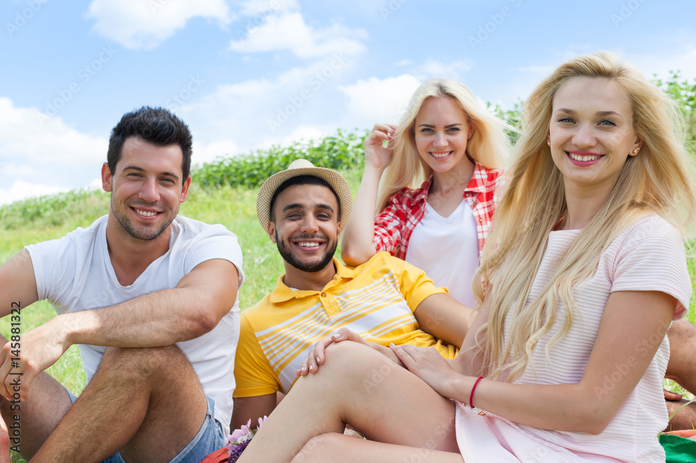 Friends picnic people group sitting blanket outdoor green grass two couple summer sunny day blue sky Friends picnic people group sitting blanket outdoor green grass two couple summer sunny day blue sky