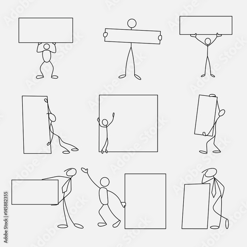 Cartoon icons set of sketch stick business figures in cute miniature scenes.
