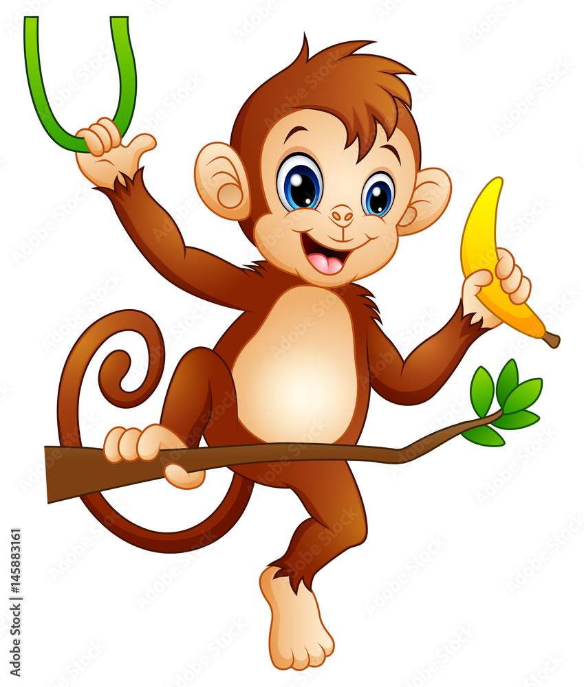 Naklejka premium Kreskówka małpa na gałęzi drzewa i trzymając banana