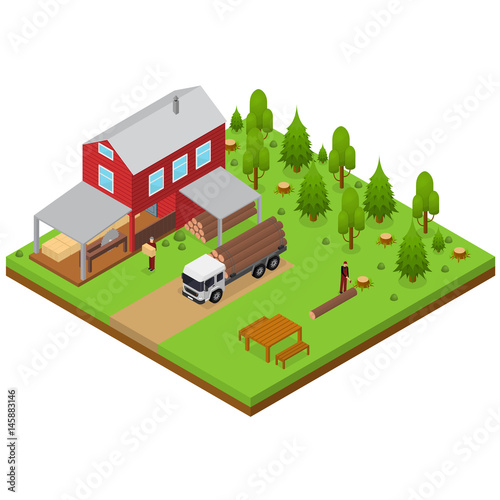 Lumberjack and Sawmill Building Isometric View. Vector