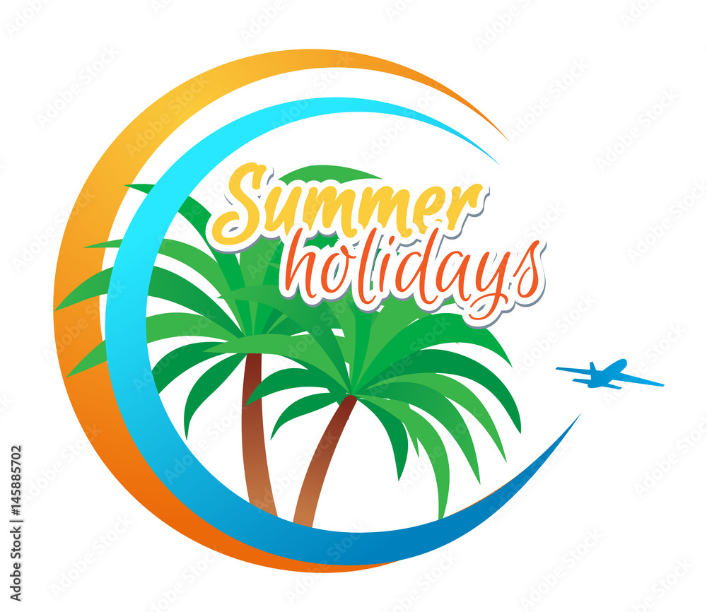 Vector illustration for web banner, Summer holidays. Palm, plane, flight on vacation.
