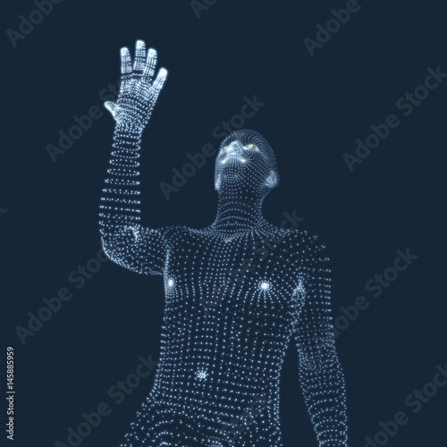 Man Points to Something by Hand. 3D Model of Man. Geometric Design. Vector Illustration.