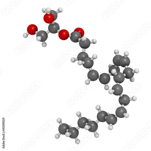 2-Arachidonoylglycerol (2-AG) endocannabinoid neurotransmitter molecule. 3D rendering. Atoms are represented as spheres with conventional color coding: hydrogen (white), carbon (grey), oxygen (red).