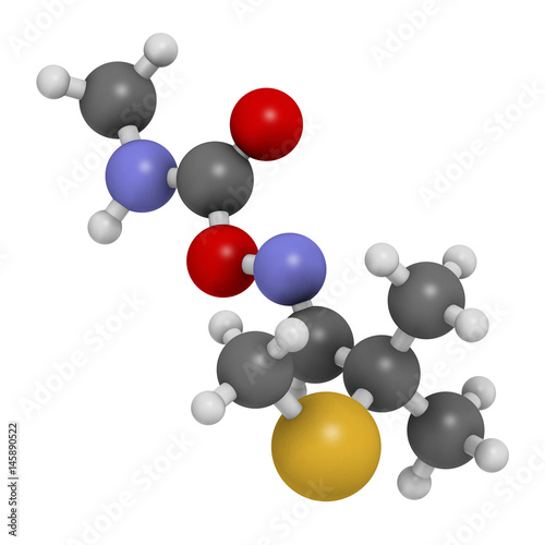 Aldicarb pesticide molecule. 3D rendering. Atoms are represented as spheres with conventional color coding: hydrogen (white), carbon (grey), oxygen (red), nitrogen (blue), sulfur (yellow). photo