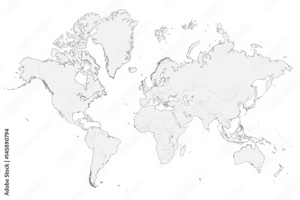 3D Map of the World in White on White Background 3D Illustration