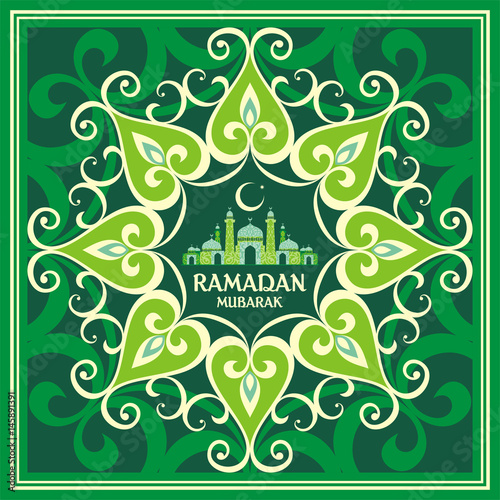 Ramadan greeting card with the image of the mosque, minarets  and middle east ornament in Moorish style. Vector template