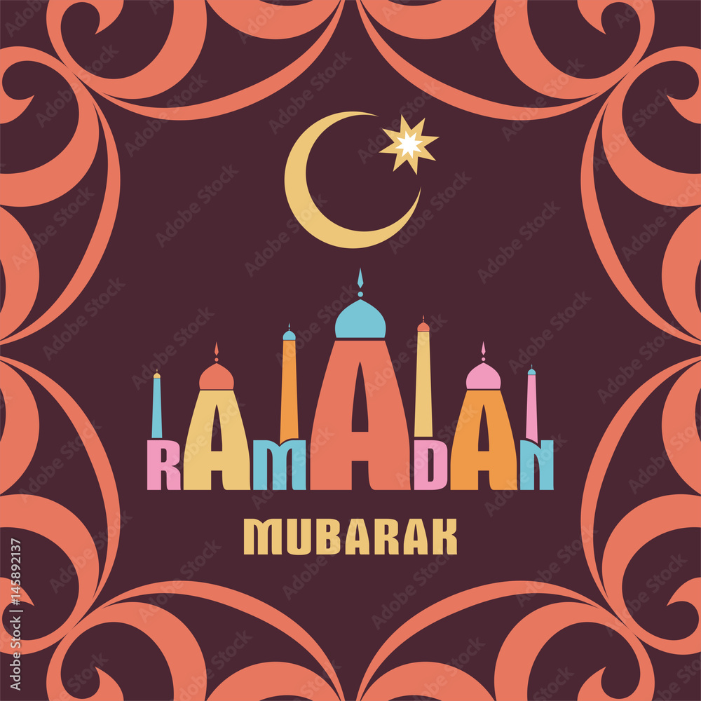 Ramadan greeting card with the image of the mosque, minarets and middle east ornament in Moorish style. Vector template Ramadan greeting card with the image of the mosque, minarets and middle east ornament in Moorish style. Vector template