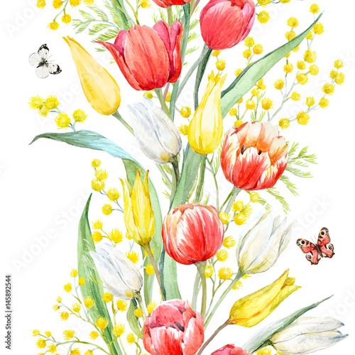 Watercolor mimosa and tulip vector pattern