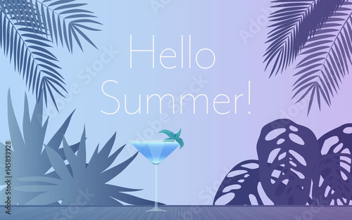 Cocktail Party Invitation Poster. Vector illustration of glass of alcohol cocktail in evening and palm leaves with Hello summer text.