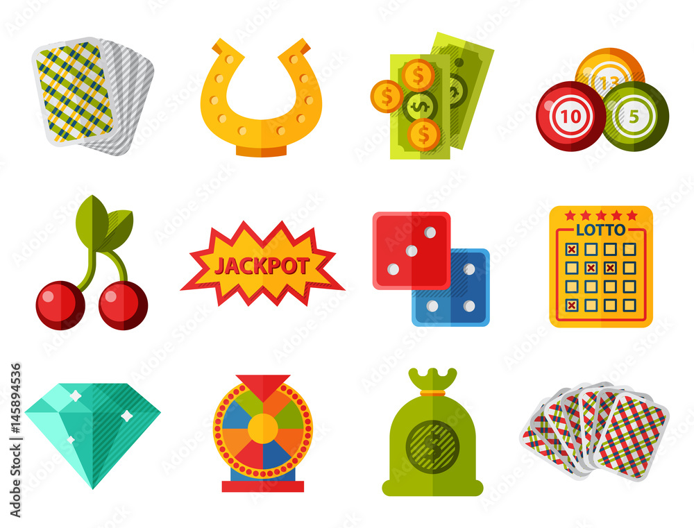 Φωτογραφία Casino game icons poker gambler symbols blackjack winning roulette joker slotbvector illustration