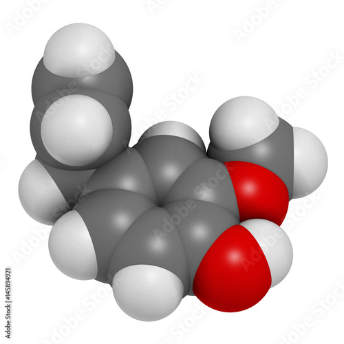 Eugenol herbal essential oil molecule. Present in cloves, nutmeg, etc. 3D rendering. Atoms are represented as spheres with conventional color coding: hydrogen (white), carbon (grey), oxygen (red). photo