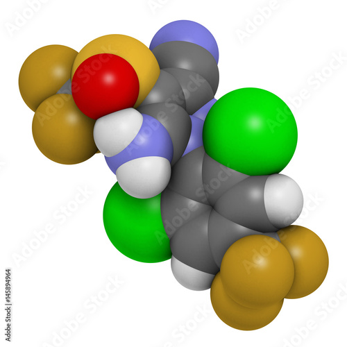 Fipronil insecticide molecule. 3D rendering. Atoms are represented as spheres with conventional color coding. photo