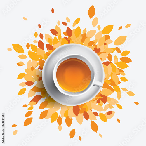 Black tea cup vector illustration. Orange leaves with mug of tea. Health seasonal concept.