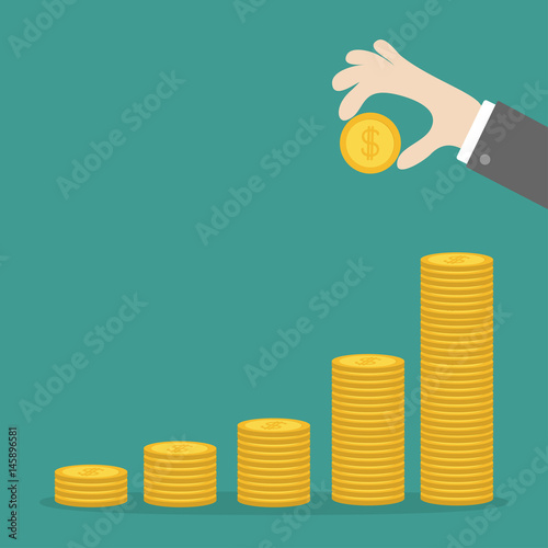 Hand holding gold coin icon. Diagram shape stacks. Dollar sign symbol. Cash money. Going up graph. Income and profits. Growing business concept. Green background. Isolated. Flat design.