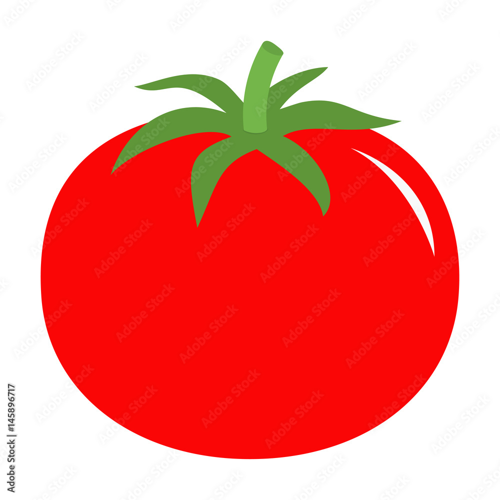 Tomato with leaves icon. Red color. Vegetable collection. Fresh farm healthy food. Education card for kids. Flat design. White background. Isolated. Vector illustration Tomato with leaves icon. Red color. Vegetable collection. Fresh farm healthy food. Education card for kids. Flat design. White background. Isolated. Vector illustration