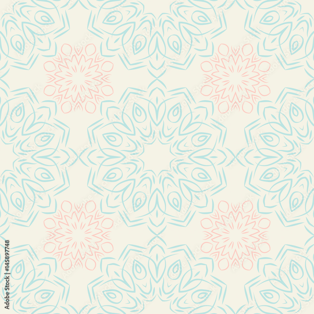 Seamless pattern with mandalas in beautiful pale colors. Vector background