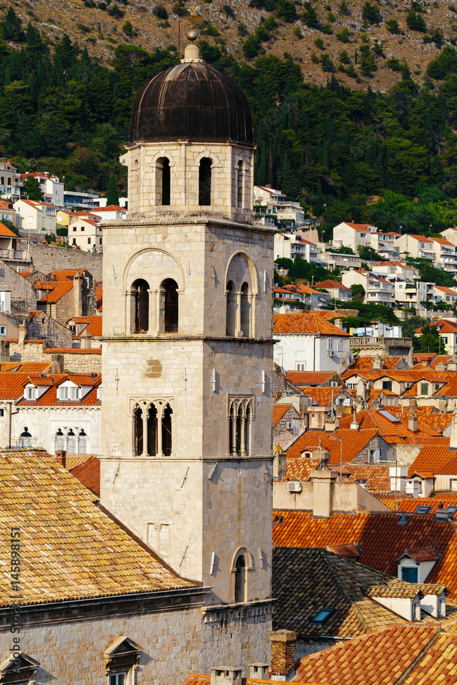 Tower of the Franciscan Monastery or Church of the Small Brotherhood in Dubrovnik, Croatia.