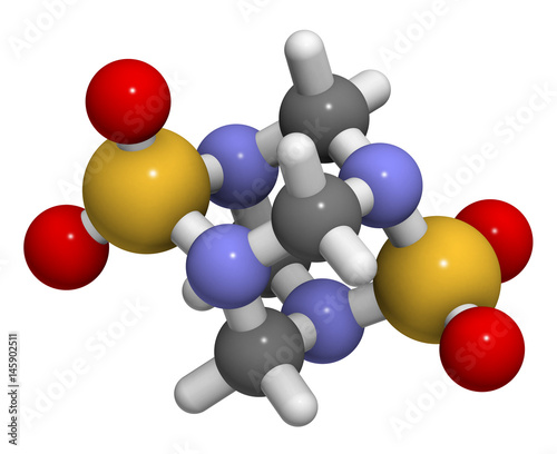 Tetramethylenedisulfotetramine (TETS) rodenticide molecule. 3D rendering. Atoms are represented as spheres with conventional color coding. photo
