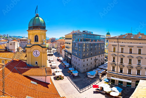 City of Rijeka clock tower and central square panorama photo