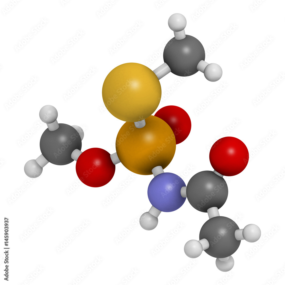 Acephate insecticide molecule. 3D rendering. Atoms are represented as spheres with conventional color coding. Acephate insecticide molecule. 3D rendering. Atoms are represented as spheres with conventional color coding.
