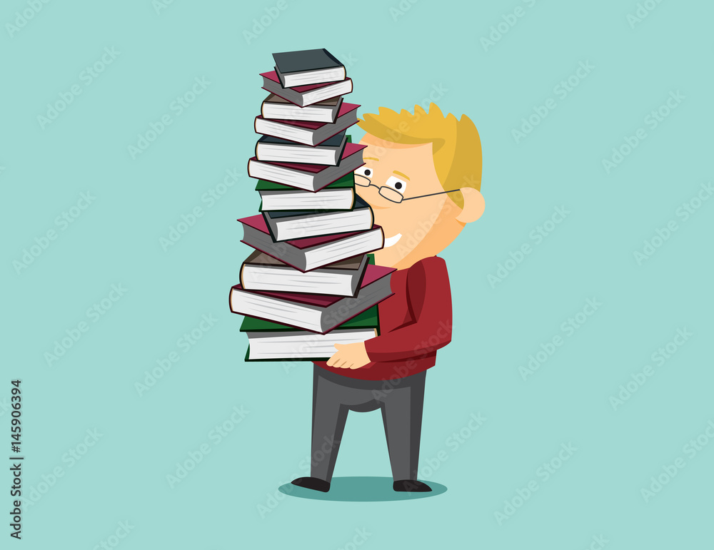 Man holding a stack of books. Education. Funny cartoon flat vector illustration. Man holding a stack of books. Education. Funny cartoon flat vector illustration.