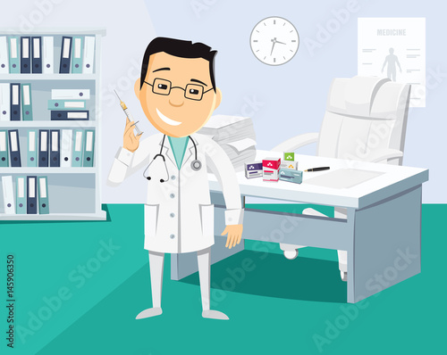 Interior of private surgery. Doctor with injection in hospital. The best medical health care. Funny cartoon flat vector illustration.